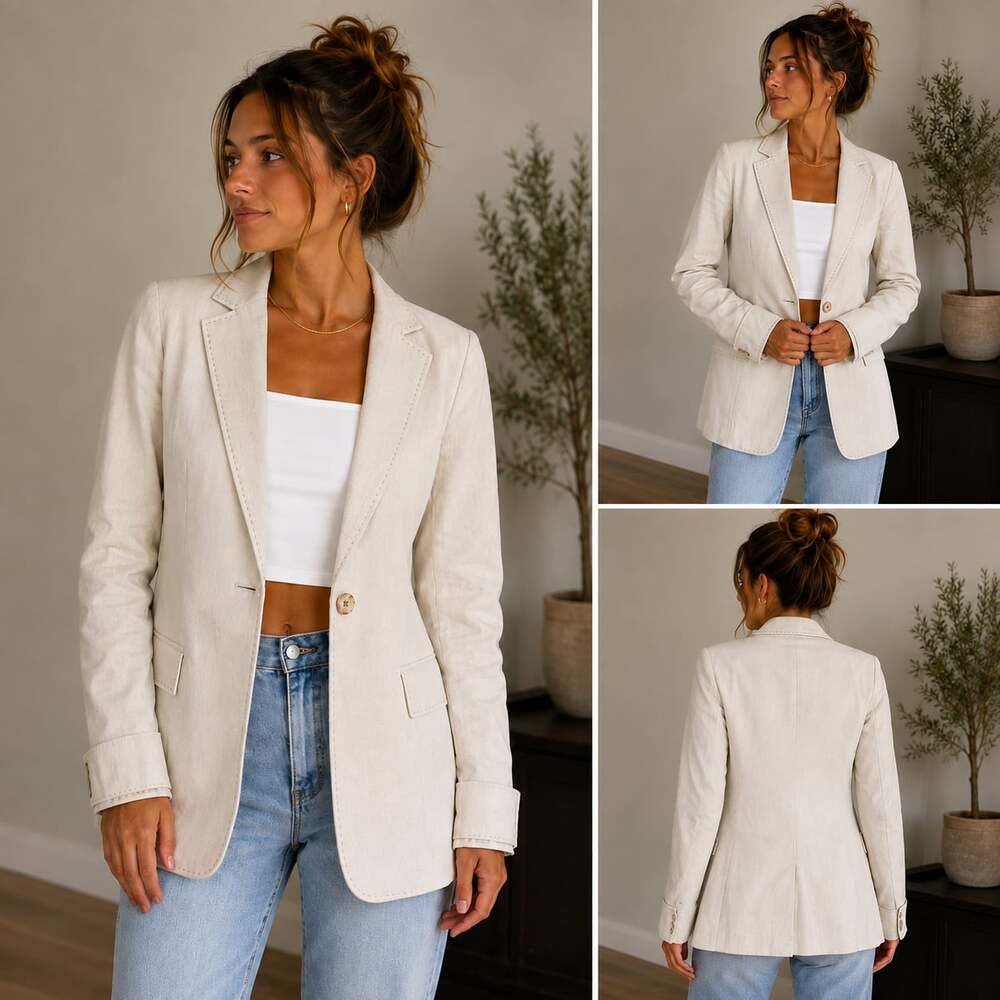 Millard Fillmore Beige Cotton-Linen Blend Blazer with Contrast Stitching